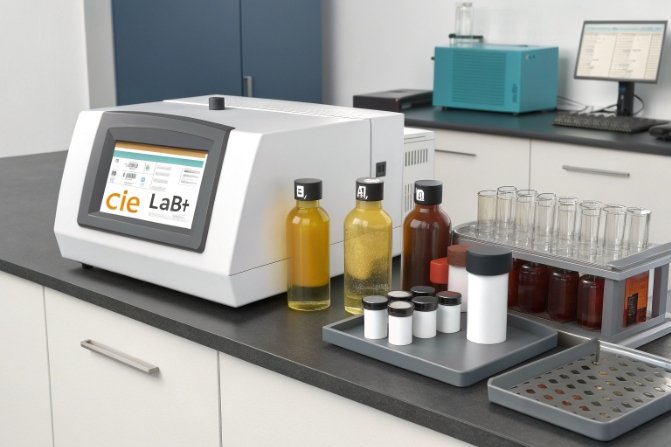 CIE Lab colorimeter setup measuring glass color with sample vials and test tubes