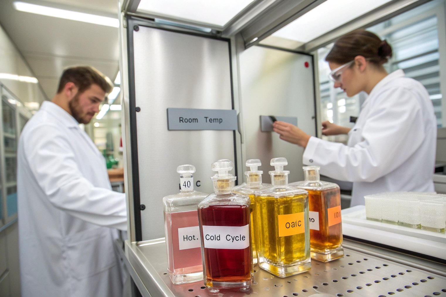 Lab technicians in white coats placing filled fragrance bottles into temperature chambers labeled room temp, 40°C, and cold cycle