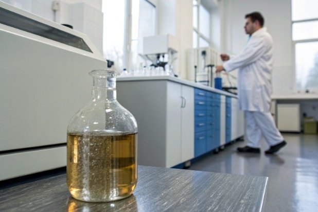Lab Sample Analysis Laboratory flask with bubbling sample on bench and technician in background for analysis