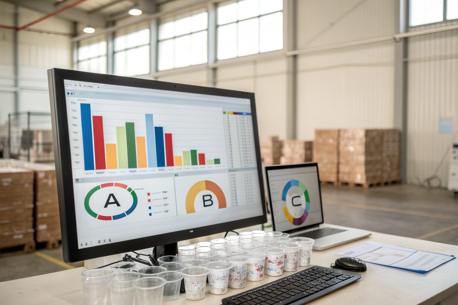 Production performance dashboard on monitors in packaging warehouse with sample cups