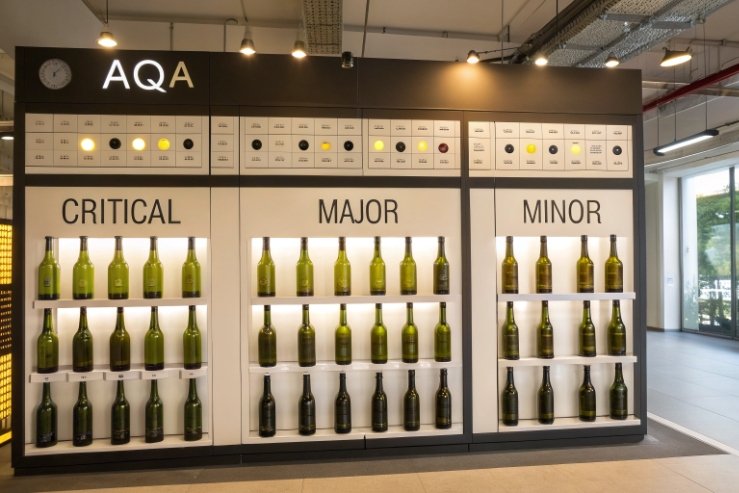 AQA display wall showing critical major minor glass bottle quality defect samples
