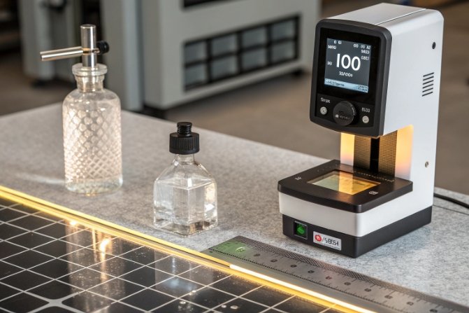 Laboratory colorimeter measuring clear glass sample bottles on bench with ruler and grid.