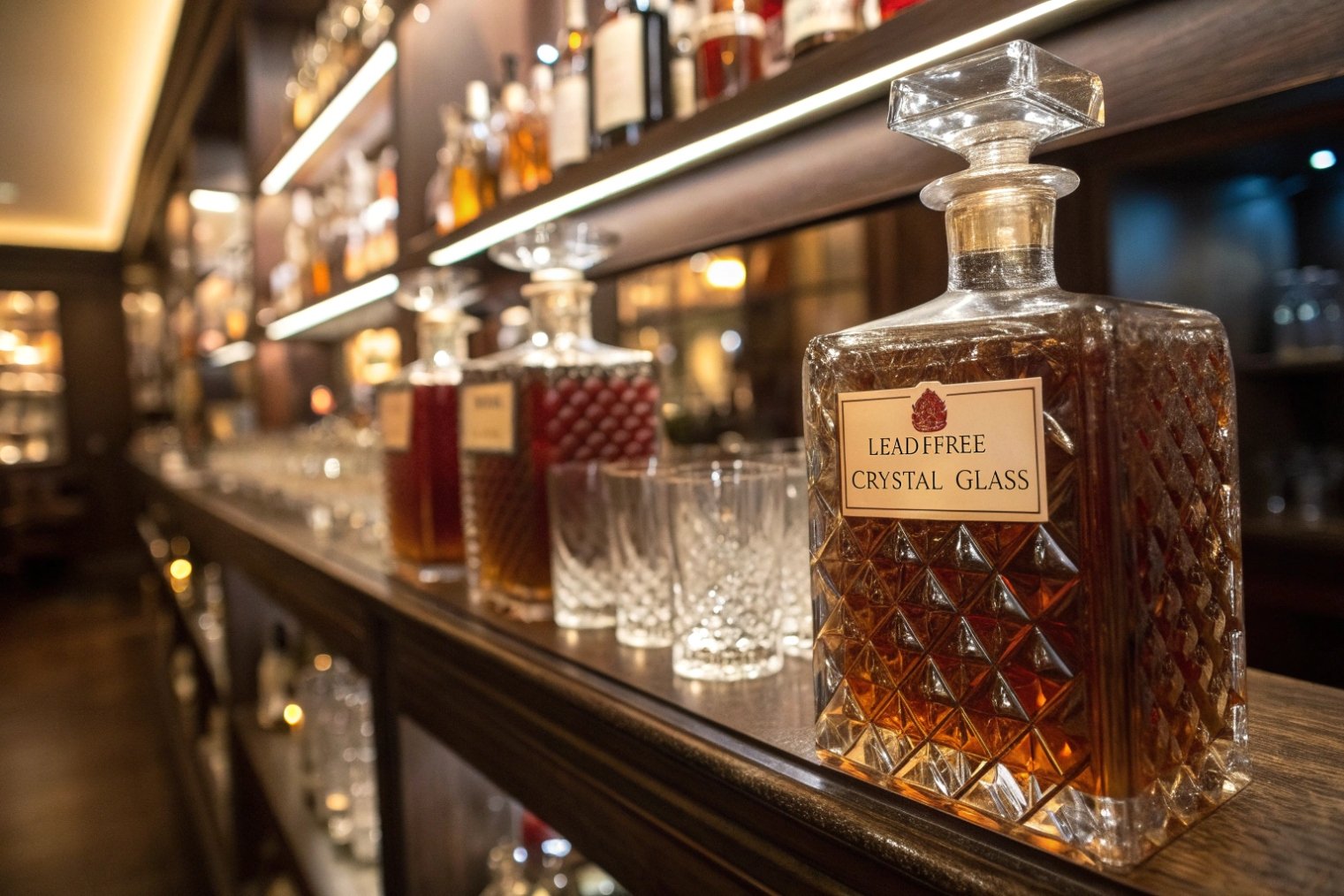 Lead-free crystal glass decanters filled with whisky on illuminated wooden bar shelf