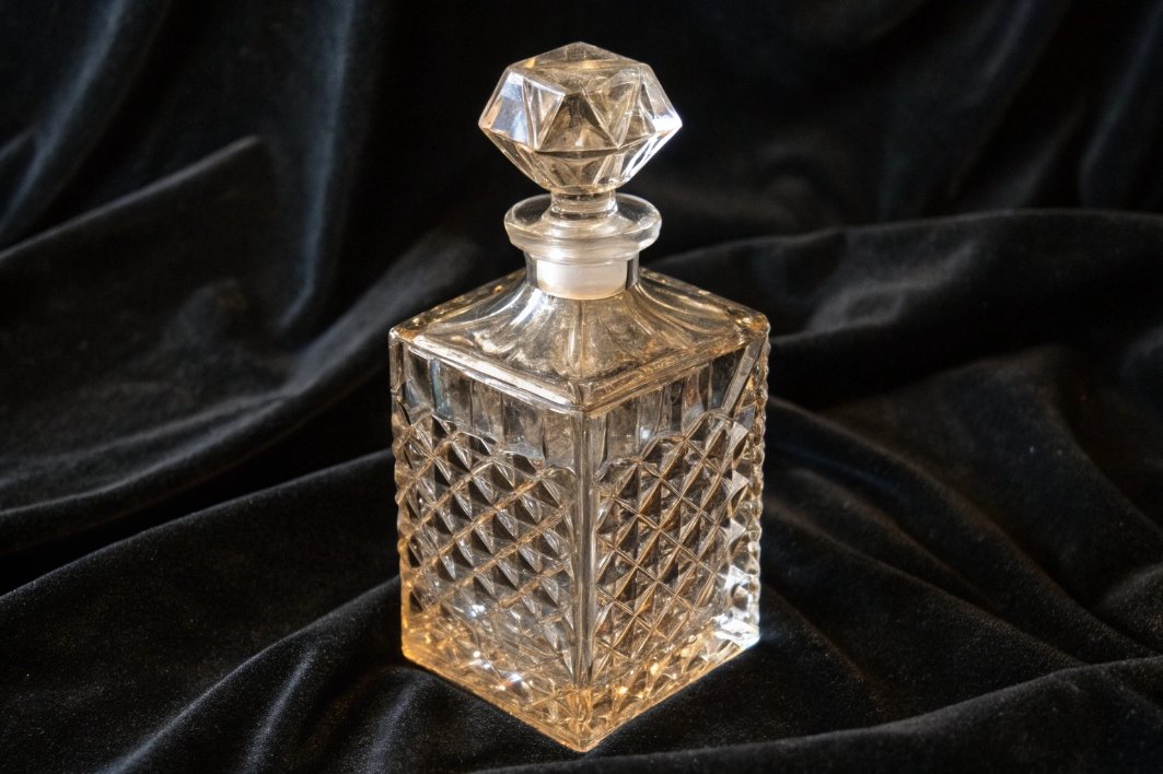 Decorative glass perfume bottle on black fabric