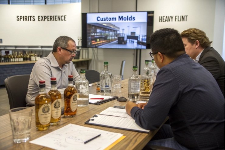 Spirits brand team discussing custom heavy flint glass bottle molds in meeting room