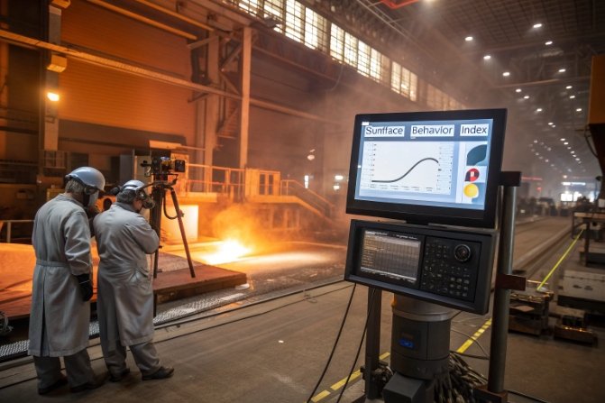Factory team monitoring surface behavior index during glass furnace operation