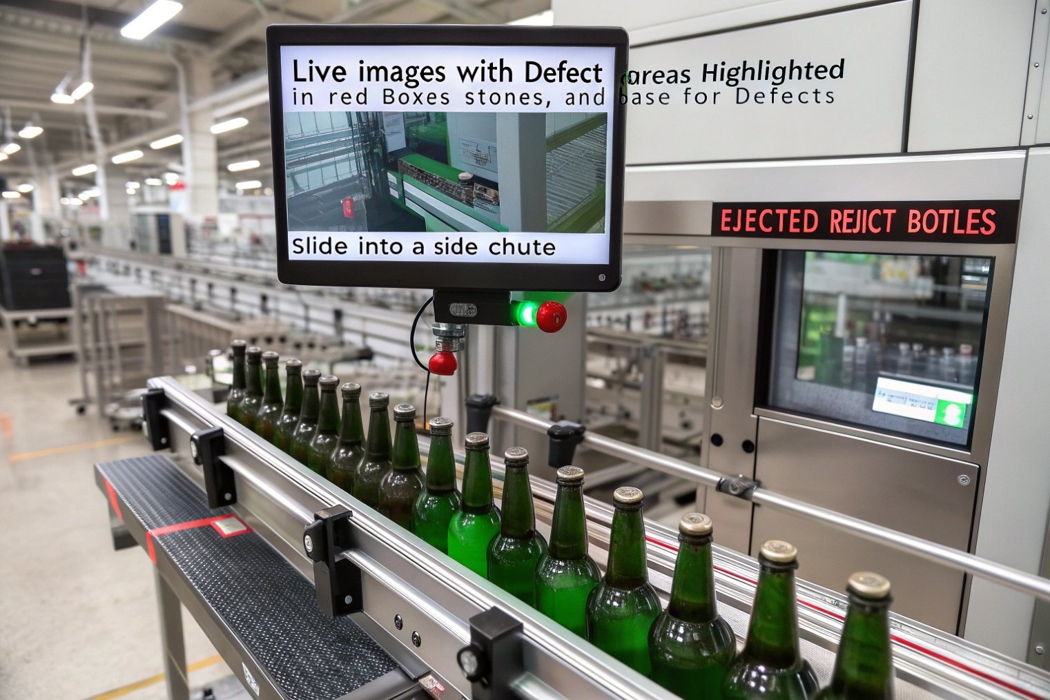 Automatic inspection system rejecting defective green glass bottles on conveyor