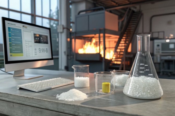 Lab bench with batch raw materials and computer dashboard for glass composition and fining tests