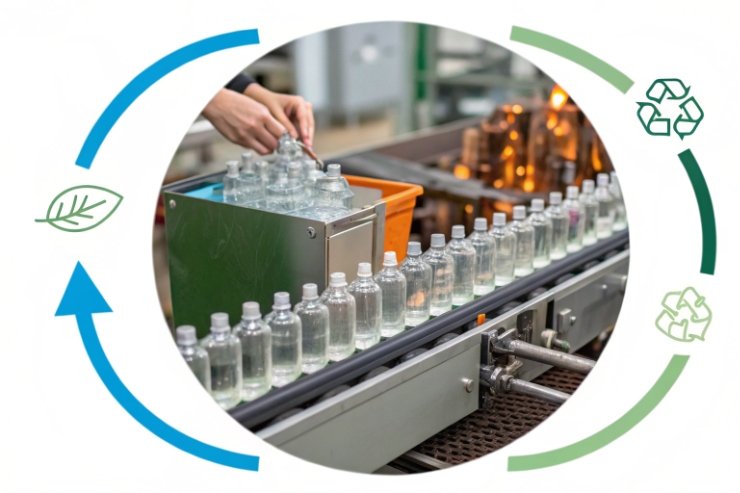 Automated conveyor line transporting recyclable glass bottles in eco friendly cosmetics factory