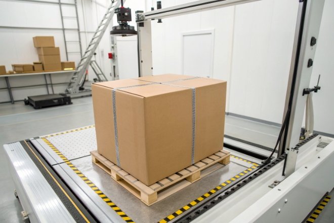 Sealed carton on pallet in packaging test chamber for transport durability checks