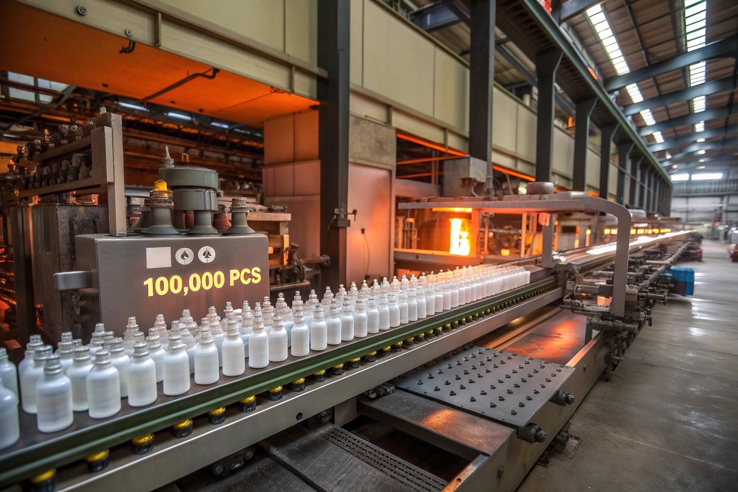 Automated production line manufacturing pharmaceutical glass bottles near high temperature furnace