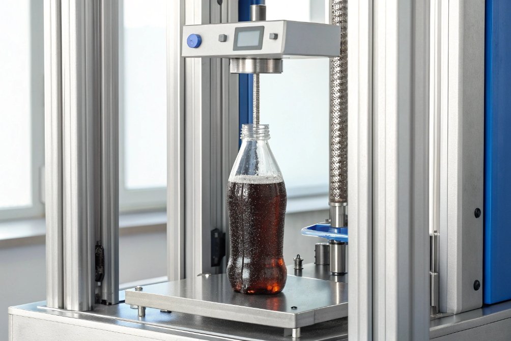 Carbonated drink glass bottle in top load compression strength testing machine