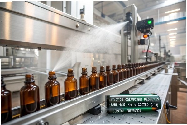 Lubricity spray on amber bottles reducing friction coefficient and scratch damage