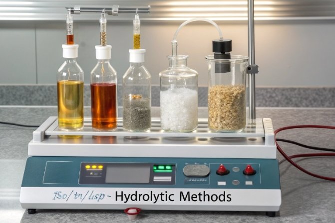Bench-top test rig labeled “Hydrolytic Methods” with multiple sample bottles/solids and liquids under controlled conditions, representing standardized hydrolytic resistance / extraction testing.