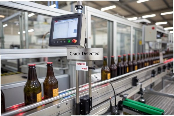 Crack detected station inspecting bottles on conveyor with automated quality monitoring