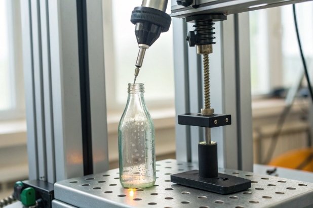 Glass bottle clamped in testing machine for neck finish and closure torque measurement