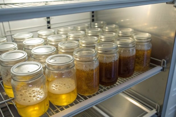 Glass jars with liquid samples stored on refrigerated shelf for stability testing