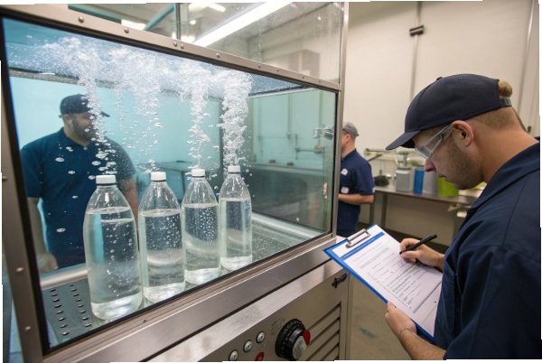 Quality inspector recording results during bottle burst test in water tank chamber
