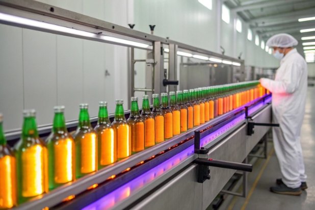 Amber bottles on conveyor under UV light with worker monitoring for defect detection