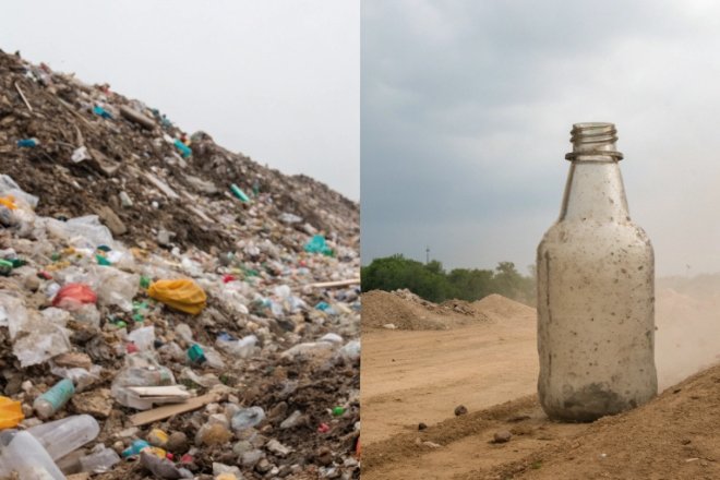 Landfill waste contrasted with discarded glass bottle in sand showing pollution and recycling need