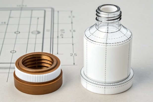 Bottle neck design Bottle and cap engineering drawing mockup showing threaded neck finish specifications
