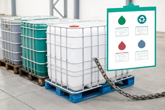IBC chemical totes on pallets with safety label board for liquid handling storage