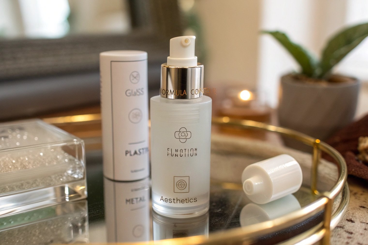 frosted glass cosmetic pump bottle emphasizing formula safety and aesthetics