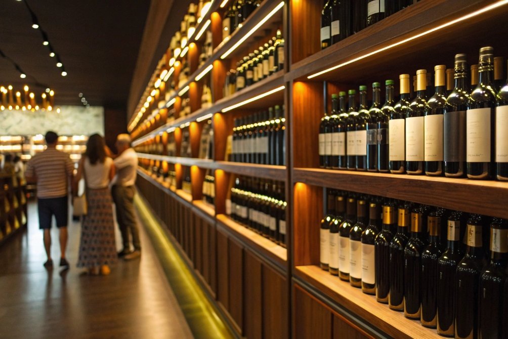 Wine shop interior with illuminated shelves full of glass wine bottles and shoppers browsing