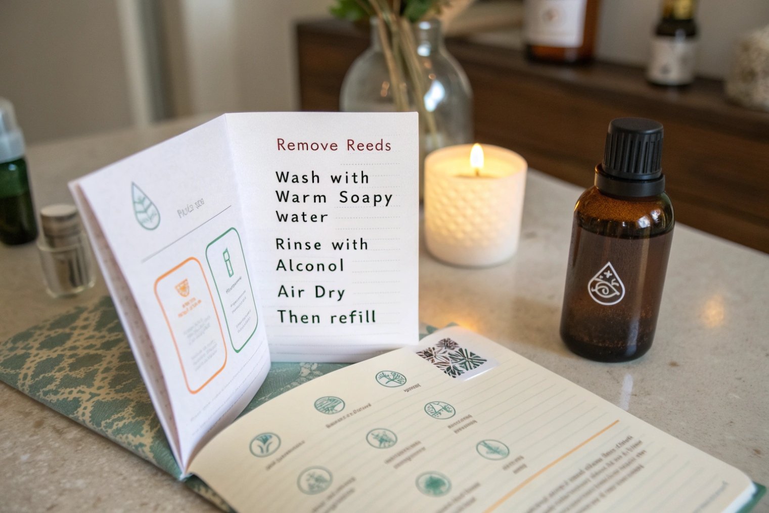 reed diffuser care instructions booklet with amber essential oil bottle