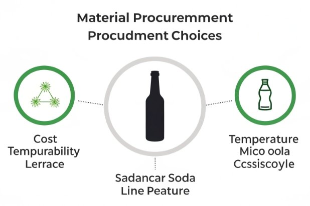 Material procurement infographic for glass bottle production showing cost and temperature factors