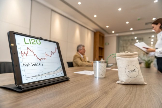 Quality team reviews Li2O volatility chart and raw material bag during glass batch meeting.