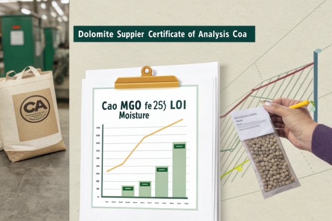 Dolomite supplier certificate of analysis showing CaO MgO, LOI, moisture and sample pellets