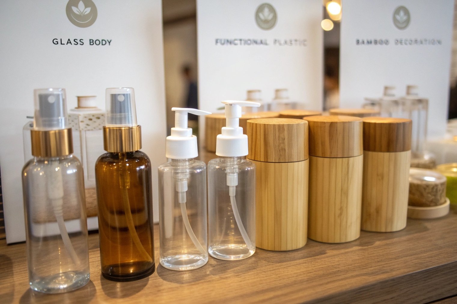 glass spray bottles plastic pumps and bamboo jars displayed at trade show booth