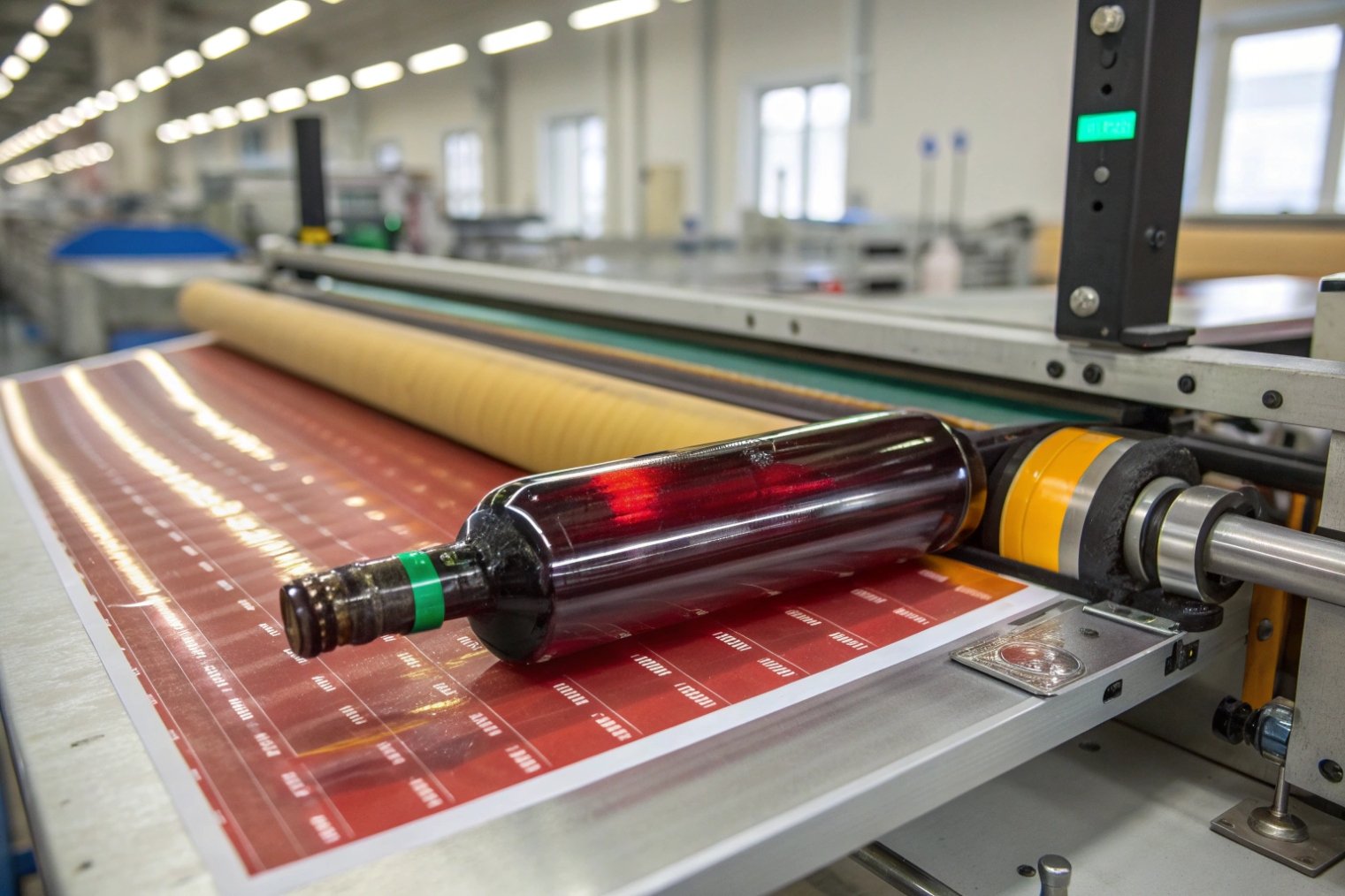 glass bottle rolling through automatic machine applying printed label film on production line