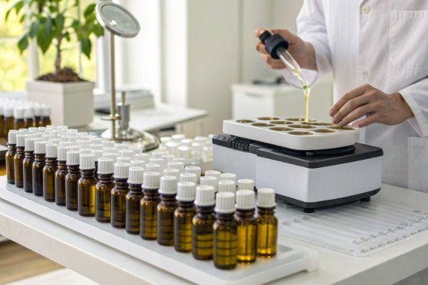 Lab worker filling multiple amber dropper bottles with oil using benchtop dosing tray