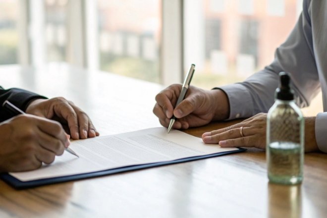 Business partners signing supply agreement with small glass dropper bottle on table