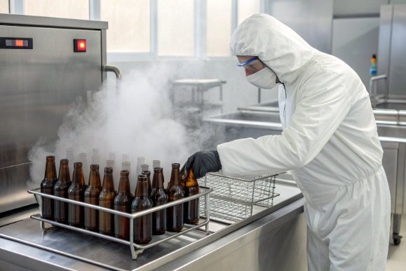 Worker in cleanroom suit handling sterilized amber bottles near steam sanitation unit
