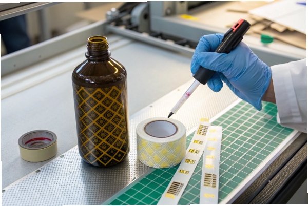 Quality control labeling setup with amber bottle, tape, and barcode labels