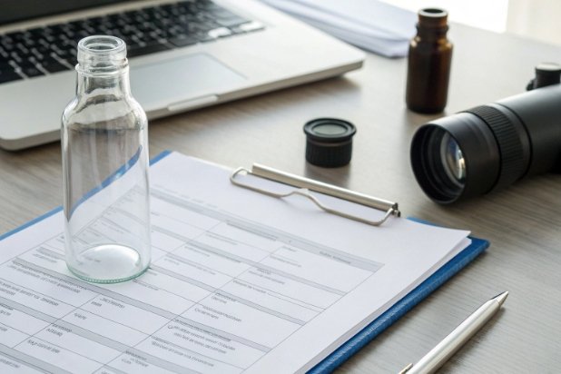 QC documentation desk Glass bottle quality control checklist on desk with camera and tools for inspection