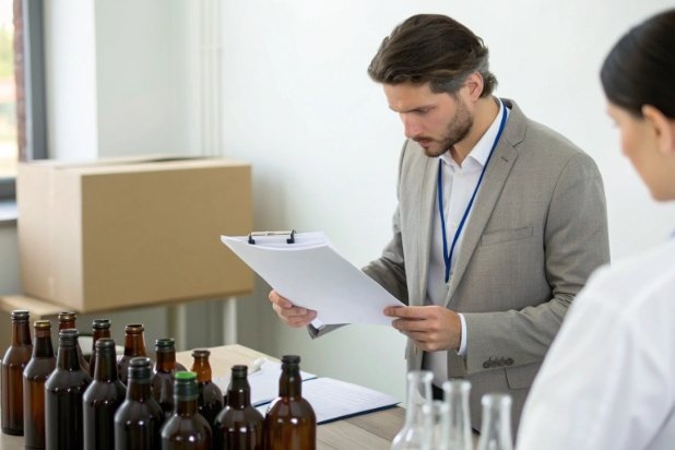 Packaging compliance audit Quality manager reviewing documents beside brown glass bottles for packaging compliance audit