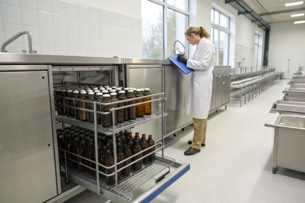 Technician inspecting racks of amber bottles in industrial washing sterilization line