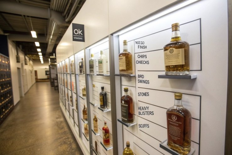 Display wall of spirits bottles illustrating acceptable and defect glass finishes and surface flaws