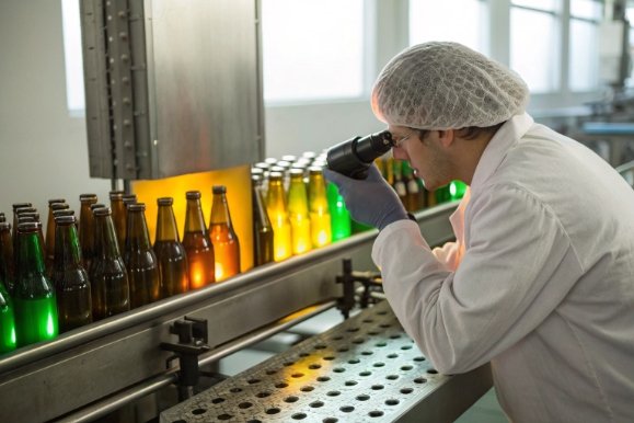 Quality inspector examining colored glass bottles on conveyor under inspection lighting