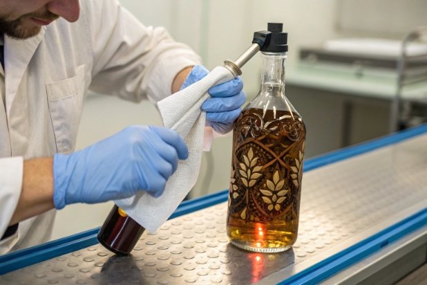 Bottle engraving process Technician engraving decorative spirits bottle with amber liquid for premium glass packaging