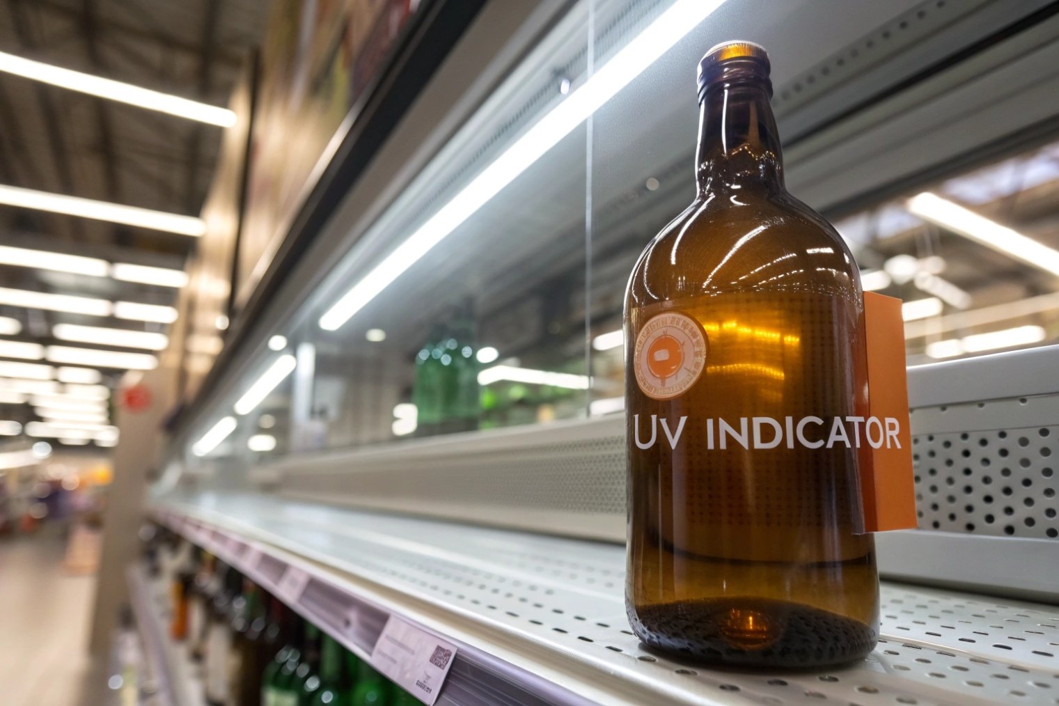 Amber UV indicator glass bottle displayed on illuminated supermarket shelf