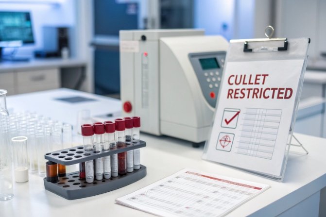 Laboratory bench with racks of vials and an instrument; clipboard reads “CULLET RESTRICTED,” indicating QC controls to limit cullet contamination for sensitive (e.g., pharma) glass production.