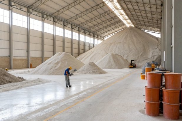 Warehouse with large silica sand piles and drums for glass batch raw materials
