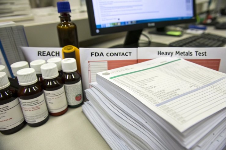 Compliance paperwork for glass packaging including REACH FDA contact heavy metals tests