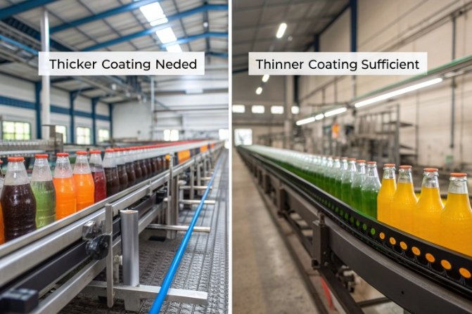 Side-by-side comparison on bottling line: left panel “Thicker Coating Needed” with darker bottles; right panel “Thinner Coating Sufficient” with greener/lighter bottles—illustrating coating requirement vs glass composition/color.