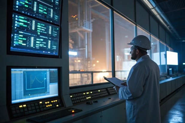 Factory control room operator monitoring glass production data on multiple screens